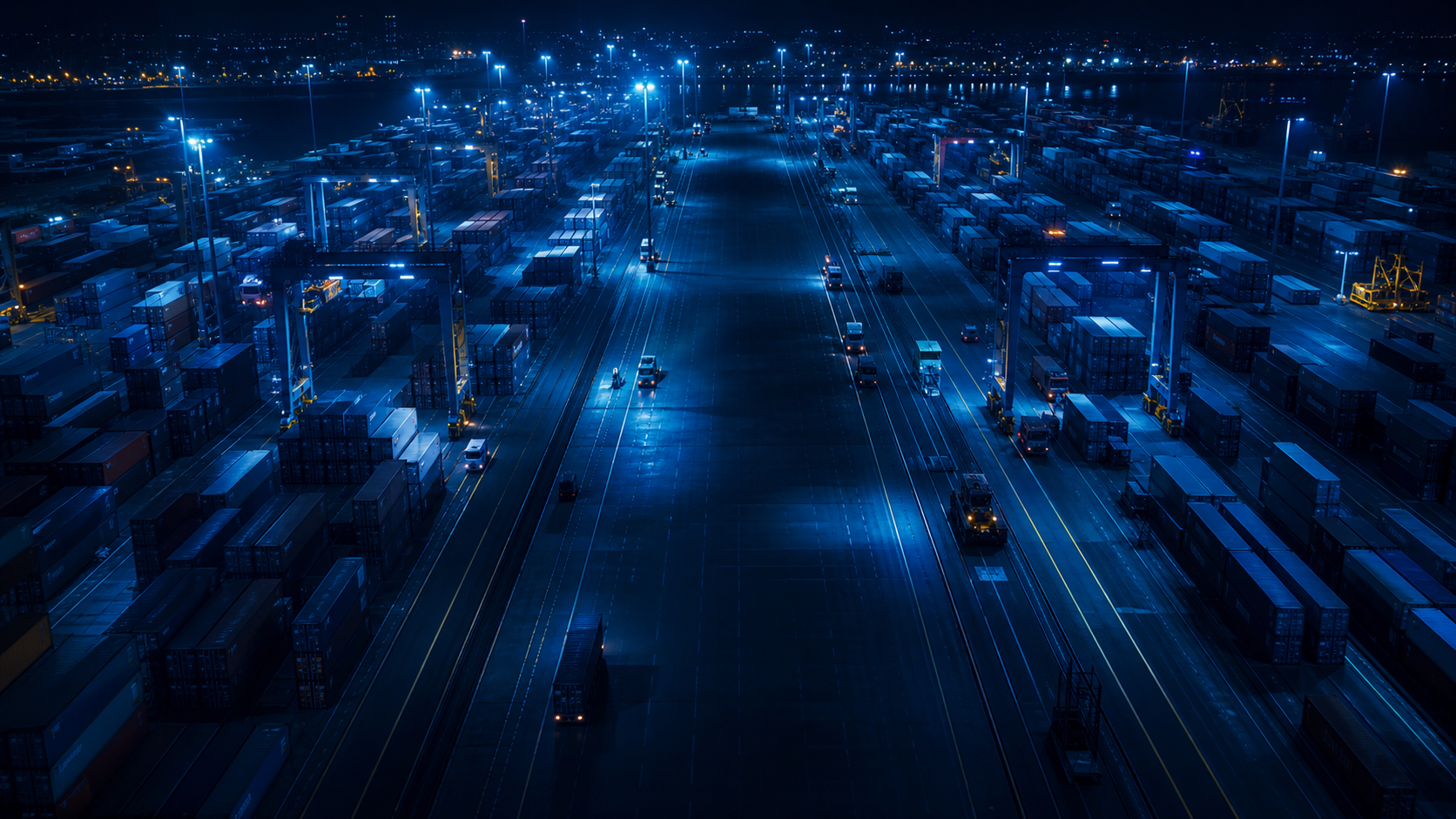 Aerial view of a container logistics yard at night