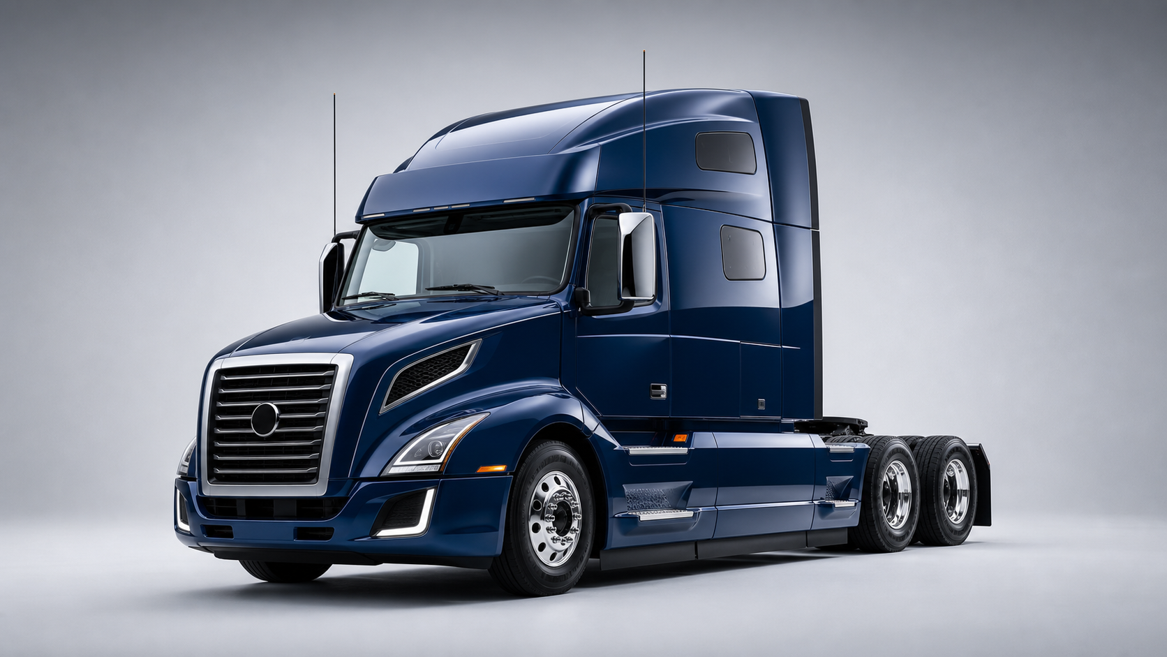 Premium blue heavy-duty container truck in a studio showcase