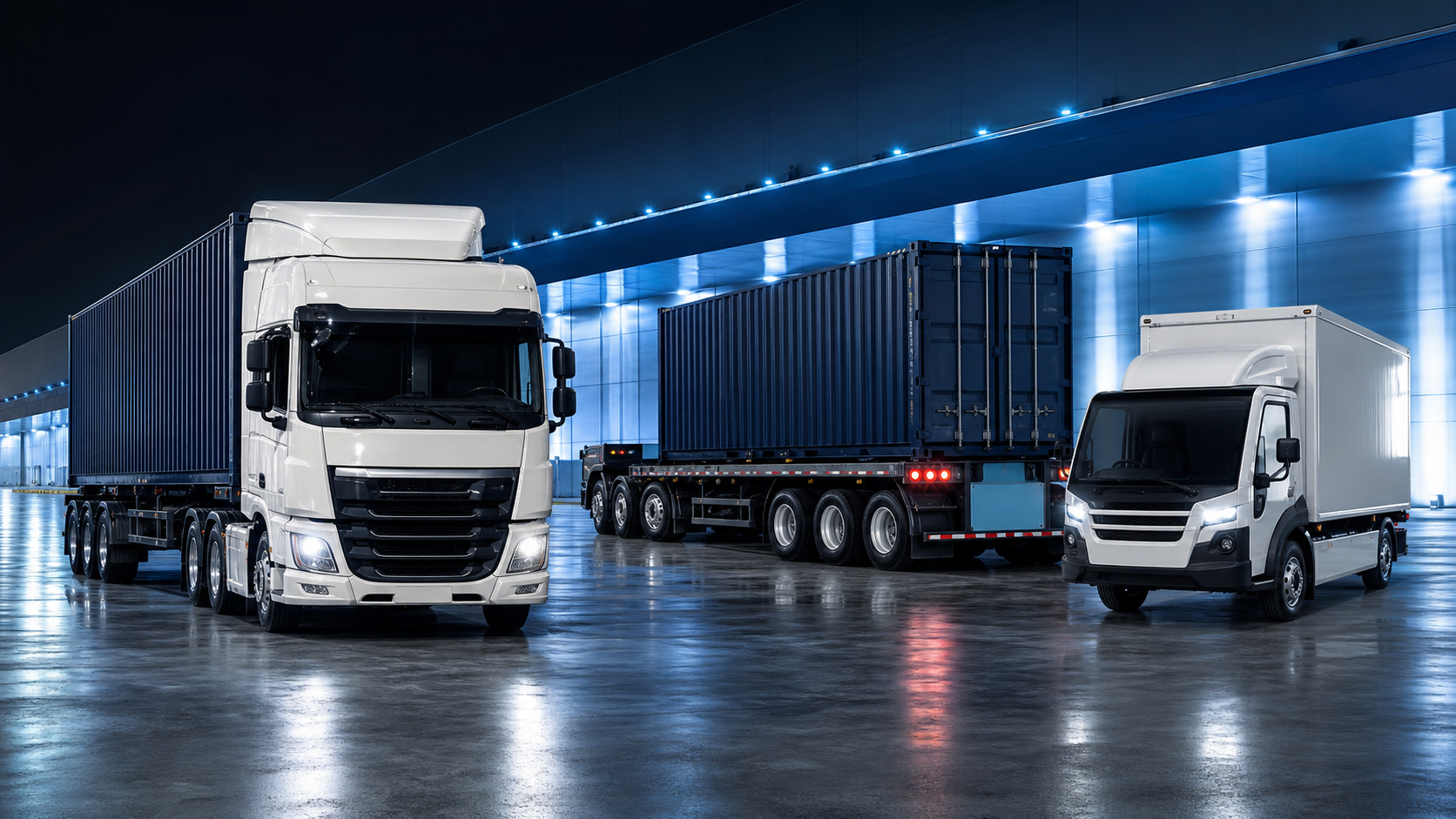 Container trucks moving through a modern port at twilight